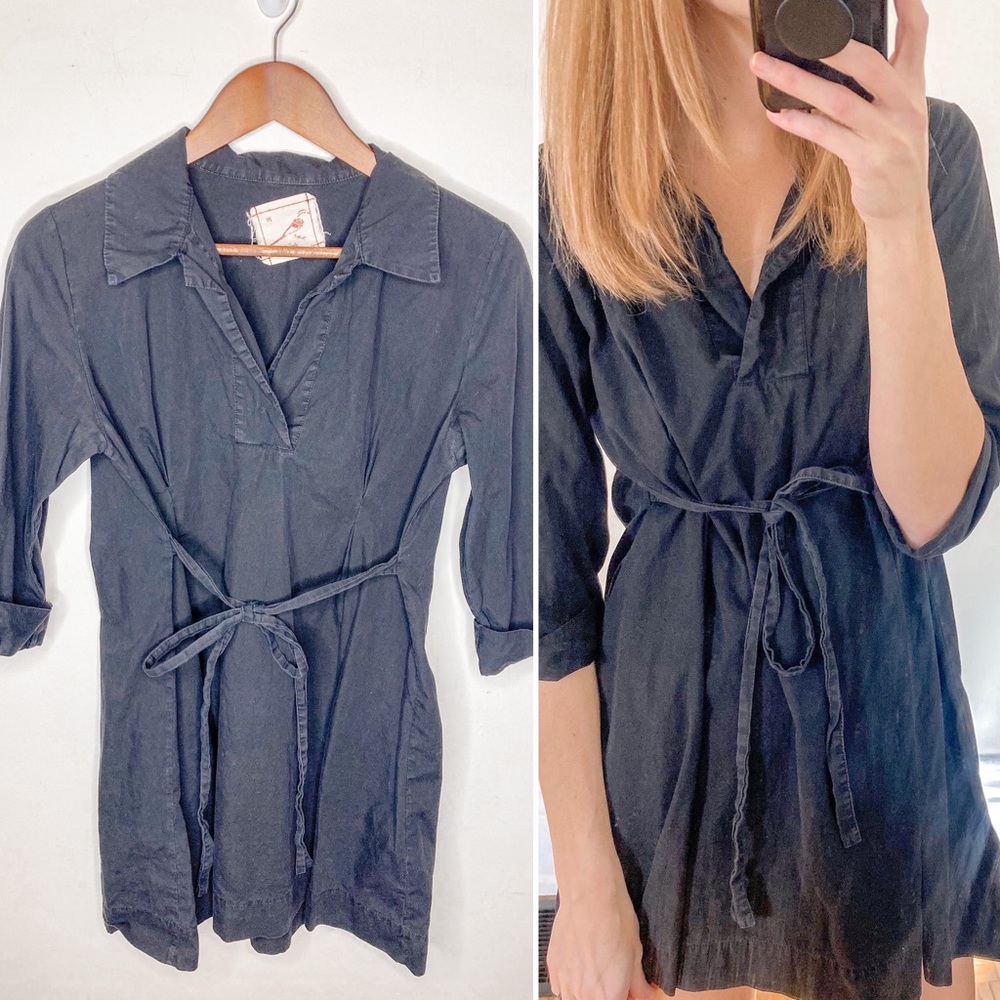 Daftbird cotton black collared tie waist mini dress